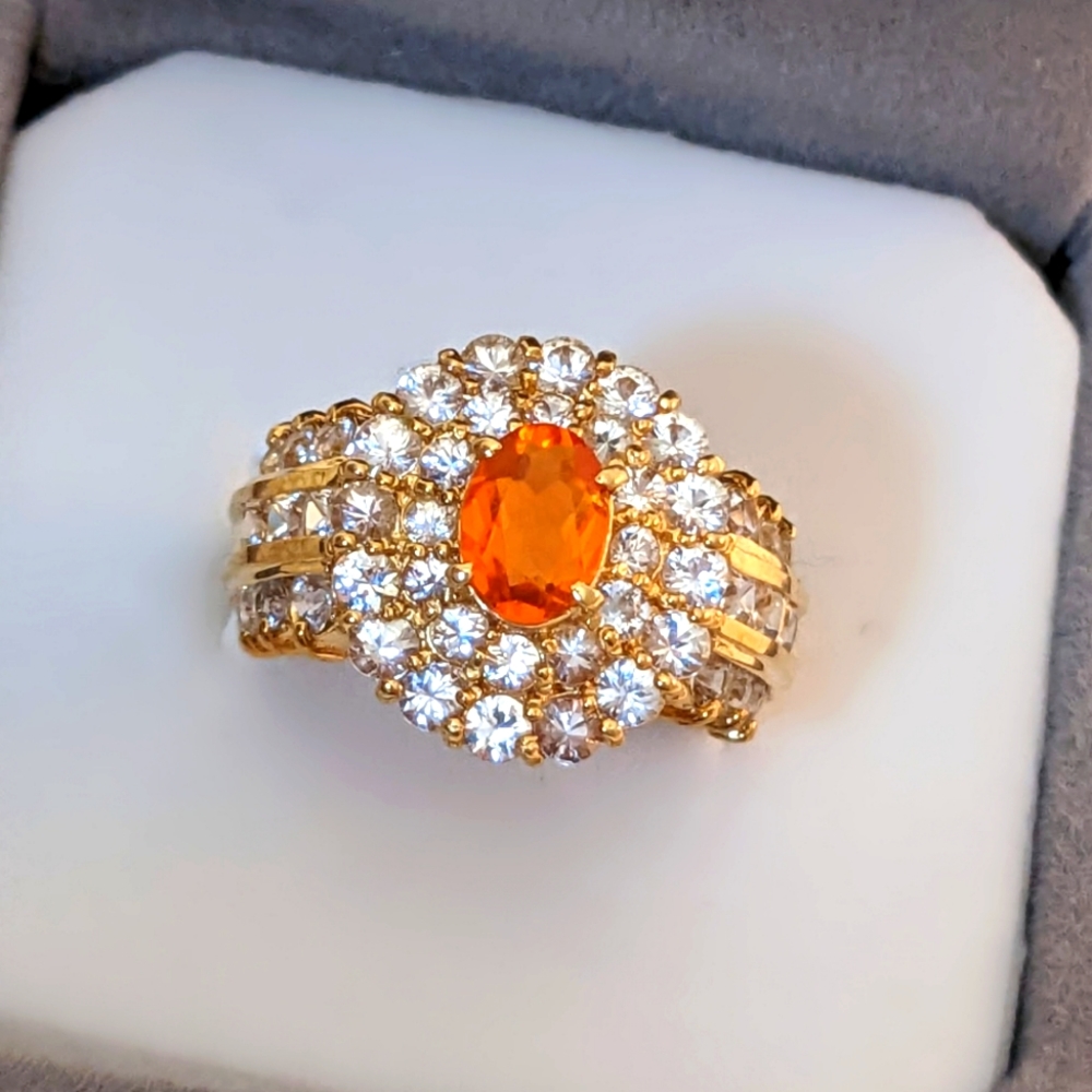 18K Yellow Gold Fire Opal Sapphire Halo Cocktail Ring - Picture 6 of 16